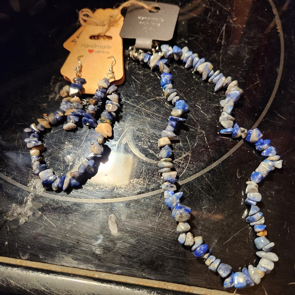 Handmade Natural Blue Stone Necklace, Bracelet And Earring Set